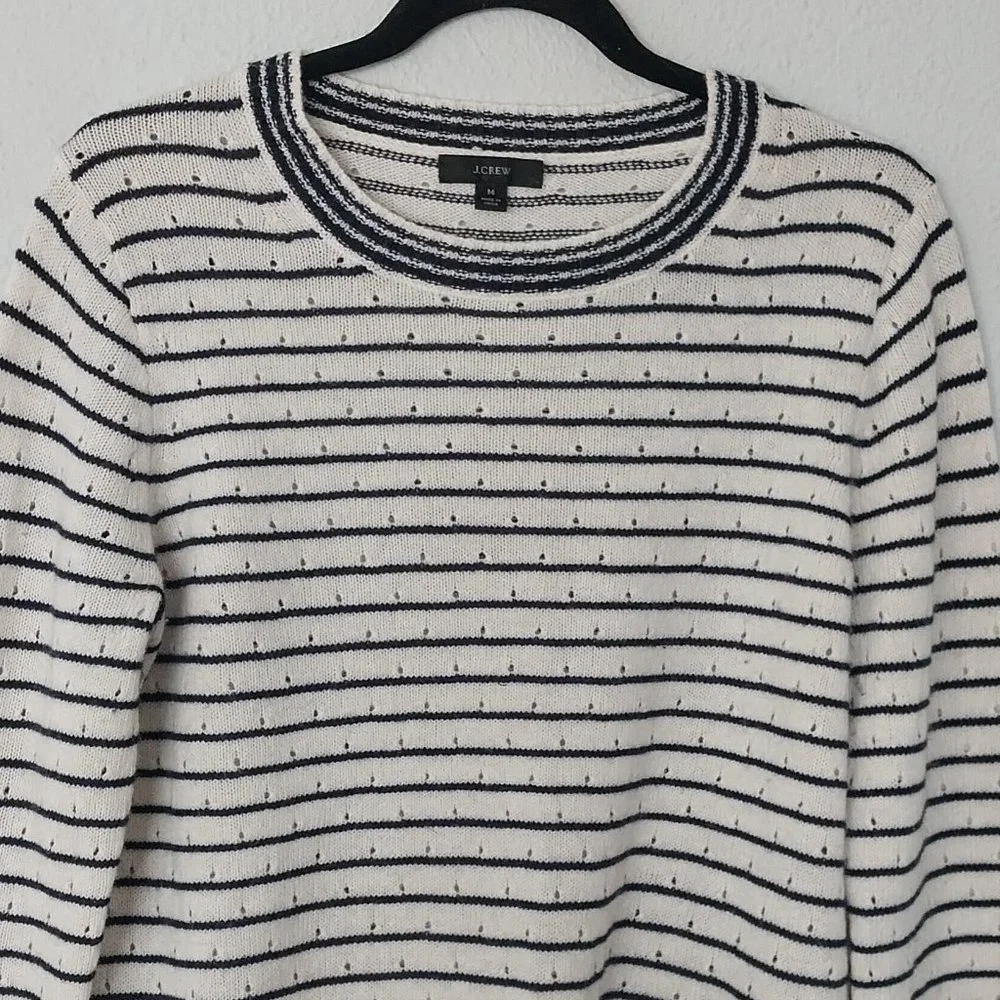 J. Crew Navy & Ivory Stripe Crewneck Pointelle Knit Wool/Alpaca Blend Sweater